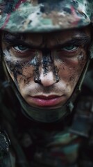 Close-up portrait of a determined soldier in combat fatigues.