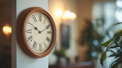 An old, circular clock on the house wall shows the hour and minute