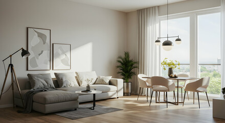 apartment,  living room,  dining area, Modern Apartment Living Room and Dining Area with Natural Light