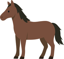 A cartoon-style illustration of a brown horse with a dark mane and tail, black hooves, standing on all four legs.