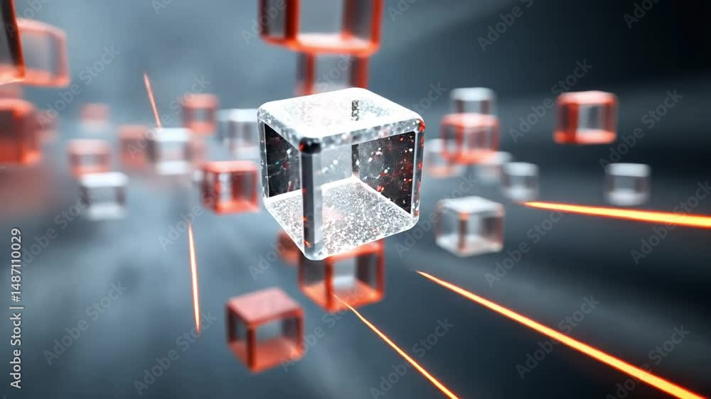 Poster networked cube abstract: an abstract design of glowing silver cubes connected by lines of light in a