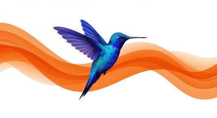 Obraz premium Vibrant blue hummingbird with outstretched wings flying over abstract orange wave lines on white background