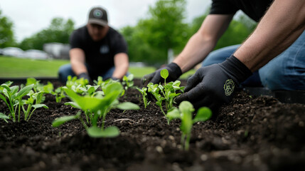 Diverse Volunteers Close Up Planting Flowers in Community Garden