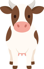 A cartoon-style illustration of a white and brown cow with a pink nose and udder, standing in a farm-inspired style.