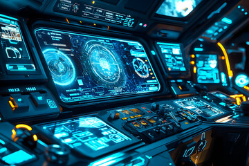 Advanced spaceship navigation hub with glowing displays and control levers in high-tech cockpit environment.