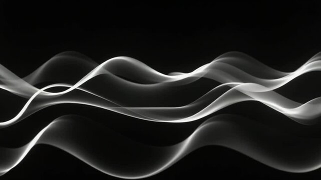 Abstract background of white wave pattern. White waves black surface. 4k seamless looping. Black and white abstract wavy and curvy lines pattern copy space background animation. Slow motion.
