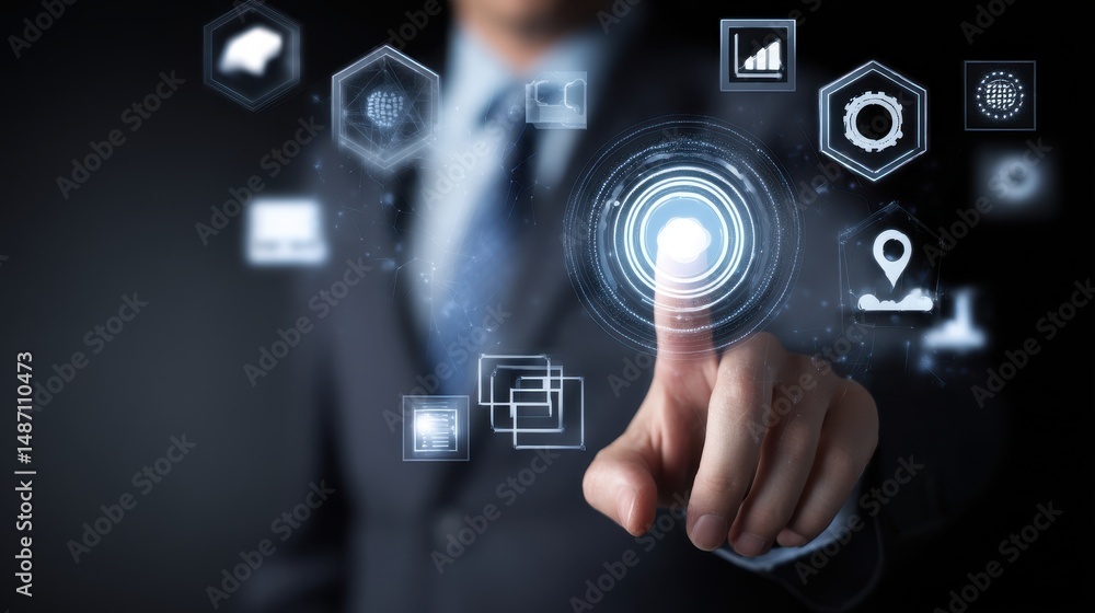 Poster businessman touching futuristic touchscreen interface with various digital icons in a dark backgroun