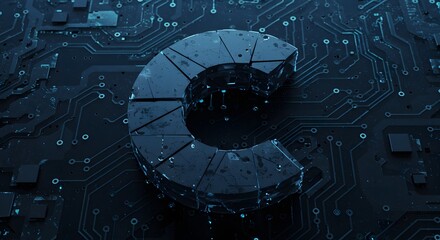 Abstract Geometric Design of a C-Like Symbol Against Dark Circuit Background with Digital Elements