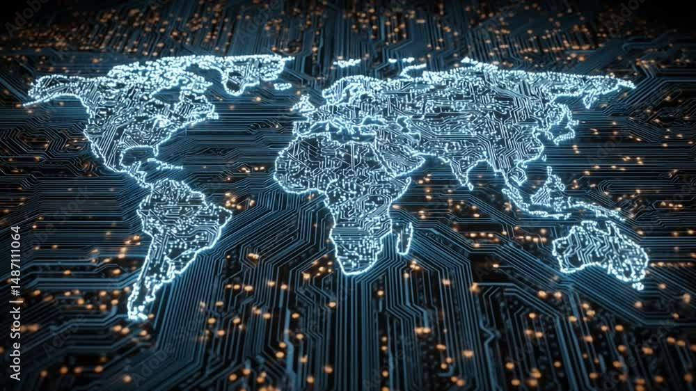 Poster digital world map: an eye-catching depiction of the world map rendered in glowing circuit board styl