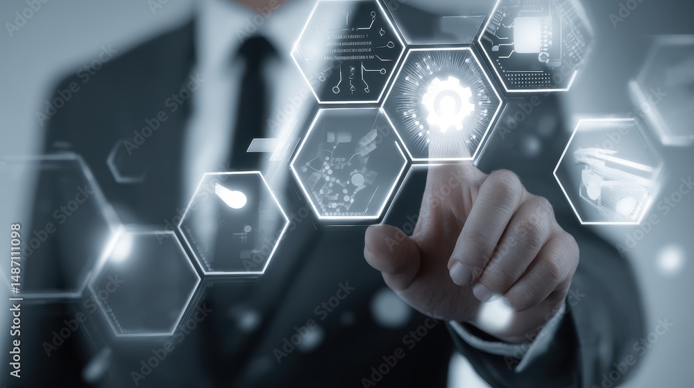 Poster businessman in suit interacting with digital interface showing technology, innovation, and future co