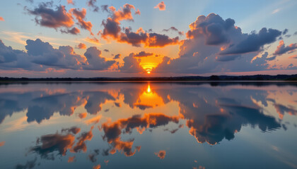 Stunning sunset reflects on calm lake, with vibrant clouds creating picturesque scene. warm colors of sky blend beautifully with tranquil water, evoking sense of peace and serenity