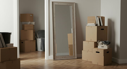 moving,  relocation,  moving boxes, Moving Day Cardboard Boxes and Full-Length Mirror in a New Home