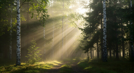 Obraz premium birch forest, sunbeams, sunlight, Sunbeams in a Misty Birch Forest