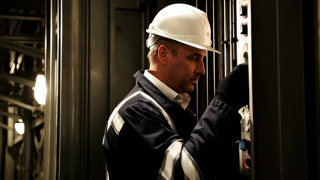 Elevator technician in hard hat operating old service lift controls for maintenance and repair of underground infrastructure