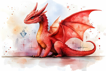 Striking red dragon with textured scales and wings, set against a watercolor backdrop with a sparkling gem