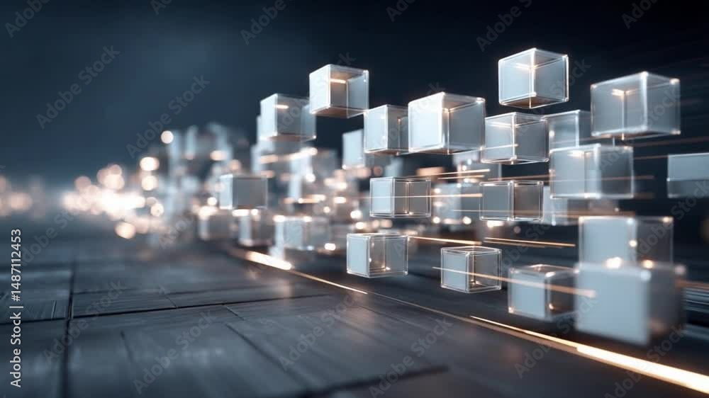 Poster digital cube realm: an artistic rendering of interconnected digital cubes floating in a futuristic r