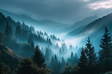 Early morning mist over a lush pine forest valley, moody atmospheric light, layered mountain ridges, peaceful and serene vibe