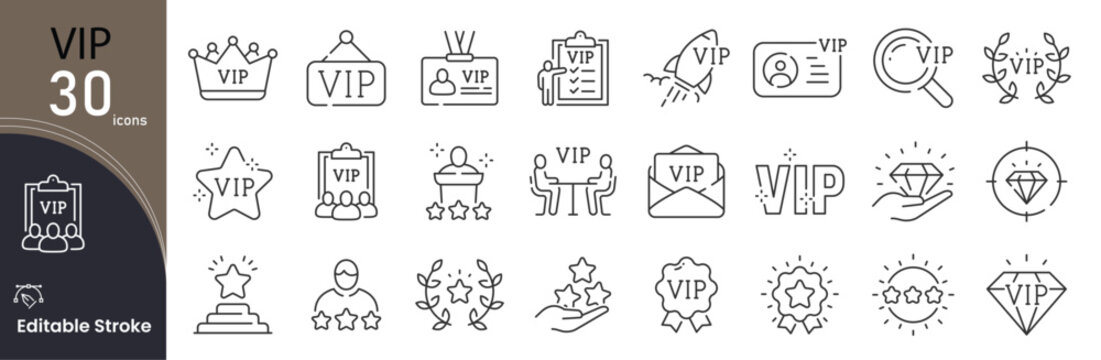 VIP related icon collections. Containing VIP, Exclusive, Access Pass, Red Carpet, Invitation, Crown, Elite, Private, Premium Entry, VIP Lounge, and Badge icons. Editable Stroke icon collection Outline
