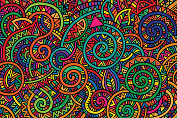 A hand drawn ethnic doodle pattern in a colorful vector style forms this vibrant background, ideal for decorative, cultural, or artisanal design work.

