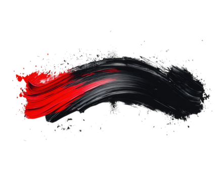 Striking abstract artwork featuring bold red and black brushstrokes on a dark, solid black backdrop.