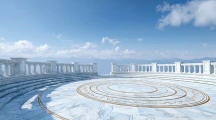 Bright white circular plaza with columns under a blue sky with clouds.