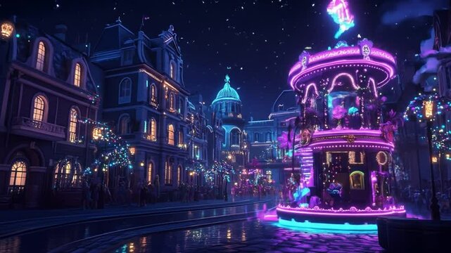 Neon lit parade float in a winter wonderland town.