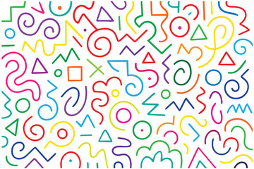 Random lines in various colors form a playful doodle background in this vector design, ideal for posters, packaging, or creative digital art.

