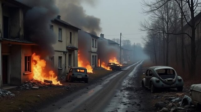 Burnt houses and cars as a result of artillery or rocket fire