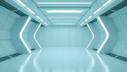 Obraz premium Futuristic Sci-Fi Space Facility Interior with Blue and White Lighting