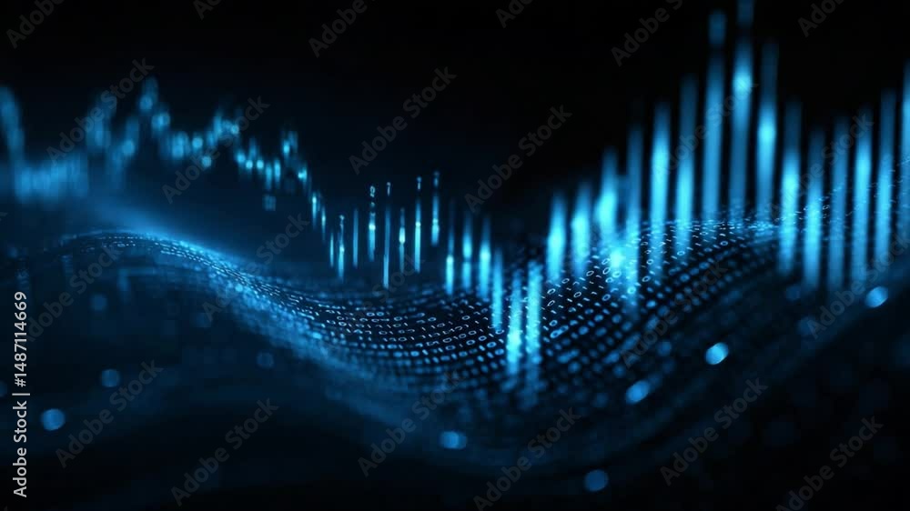 Poster data visualization: a dynamic digital representation of fluctuating data, depicted with illuminated 