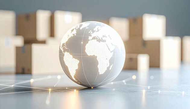 Glowing Earth Globe and Cardboard Boxes: Global Logistics Network