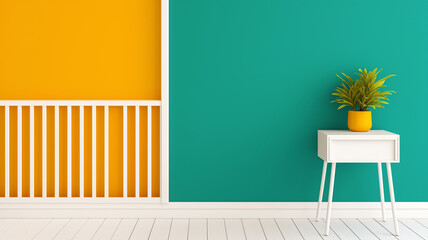 Bright colorful room with yellow and teal walls, white wooden floor, and small white table holding yellow pot with green plant, creating cheerful and modern atmosphere