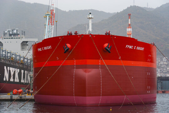 Kure, Japan - November 13, 2010:  NYK Arcadia (container ship) and FPMC C Knight (crude oil tanker) at Kure shipyard in Japan