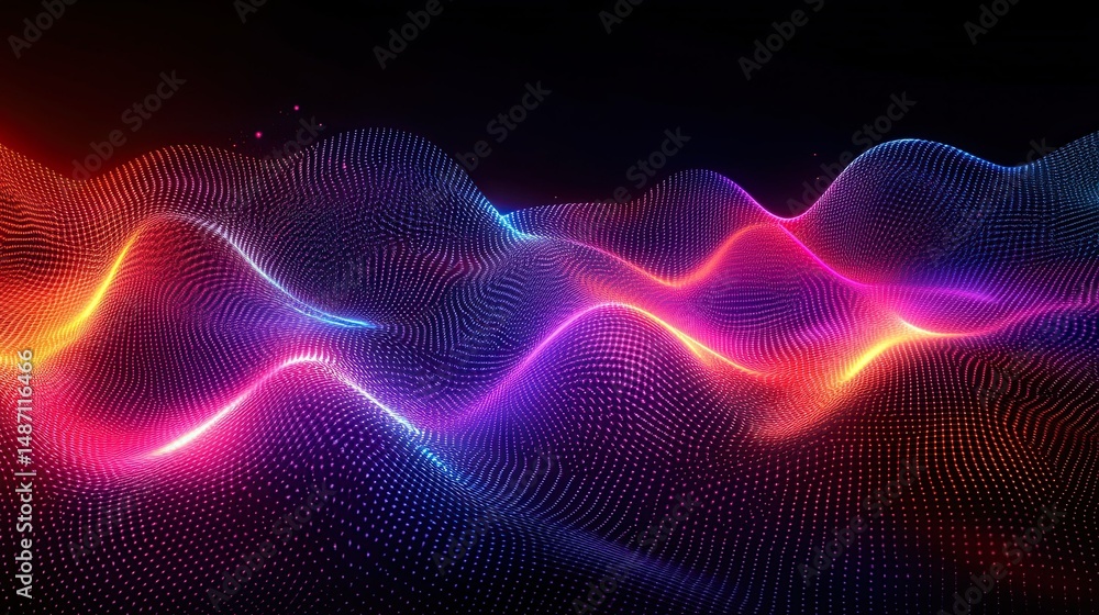 Poster abstract colorful landscape with wave patterns and glowing lights on a dark background scene