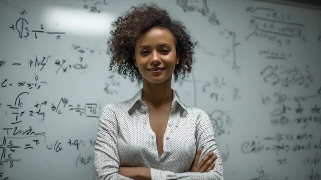 Confident Scholar Amidst Equations: A composed and accomplished scholar stands before a whiteboard covered in complex equations, embodying intellectual prowess and academic pursuit.