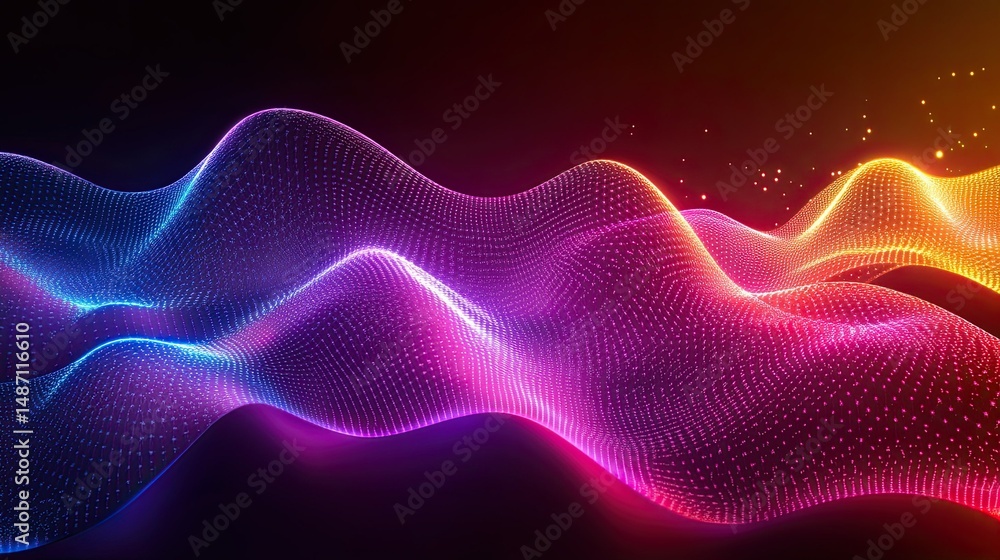 Poster abstract glowing landscape with wavy pattern and gradient colors from blue to orange in dark backgro