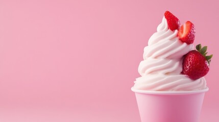 Delicious Soft Serve Ice Cream with Fresh Strawberries on Pink Background