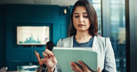 Plakat Tablet, office and business woman in boardroom for online statistics, planning and investment graphs. Corporate, professional and person on digital tech for finance report, website and research
