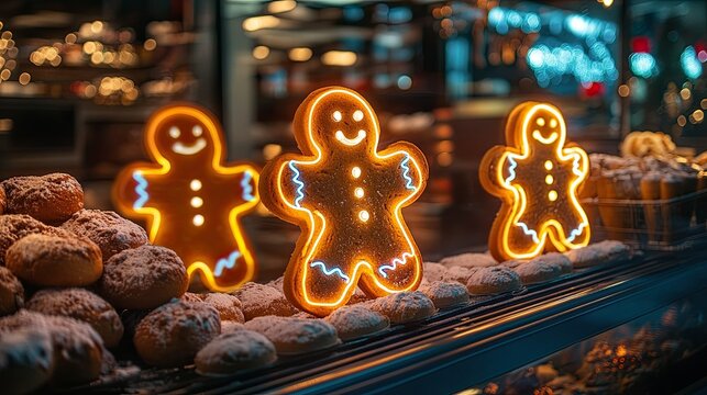 Illuminated gingerbread men and powdered pastries on display in a bakery window at nighttime