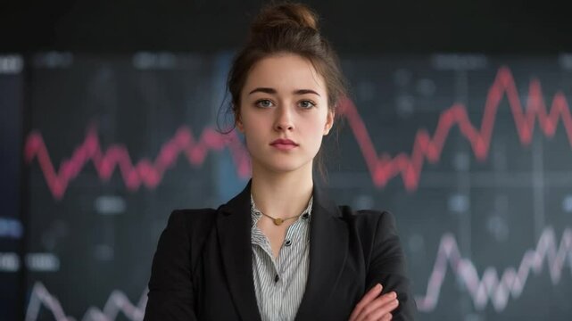 Female Investor: A focused female investor, radiating competence and poise, stands confidently against a backdrop of financial data, embodying the essence of astute investment.