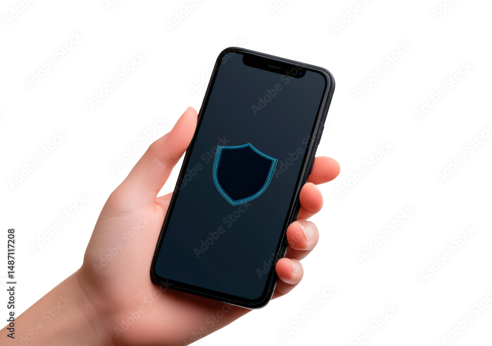 Poster smartphone displaying a shield icon symbolizing security and protection for personal data isolated o