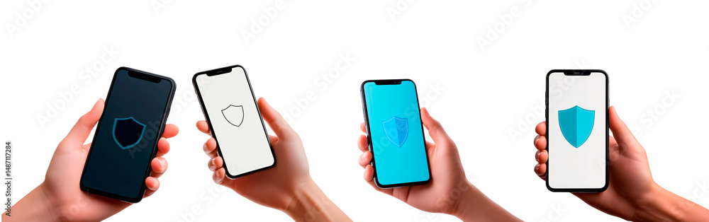 Poster smartphone displaying a shield icon symbolizing security and protection for personal data isolated o