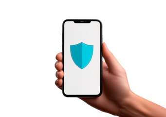 Hand is holding a smartphone that features a shield icon isolated on transparent background
