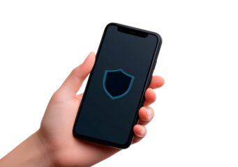 Smartphone displaying a shield icon symbolizing security and protection for personal data isolated on transparent background