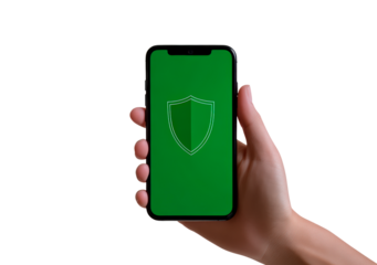 A person hold a smartphone displaying a green screen with a shield isolated on transparent background