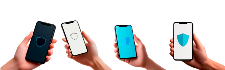 Smartphone displaying a shield icon symbolizing security and protection for personal data isolated on transparent background