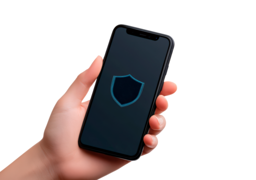 Smartphone displaying a shield icon symbolizing security and protection for personal data isolated on transparent background