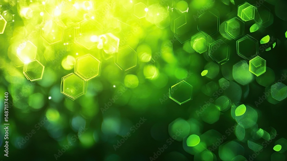 Poster abstract green background with bokeh effect and hexagon shapes floating in the air design element