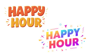 Colorful "HAPPY HOUR" Text Designs with Playful Elements