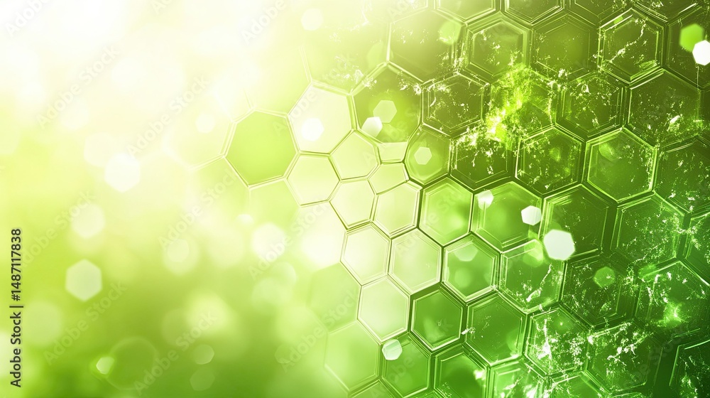 Poster abstract green and white background with hexagonal pattern and bokeh effect in soft focus